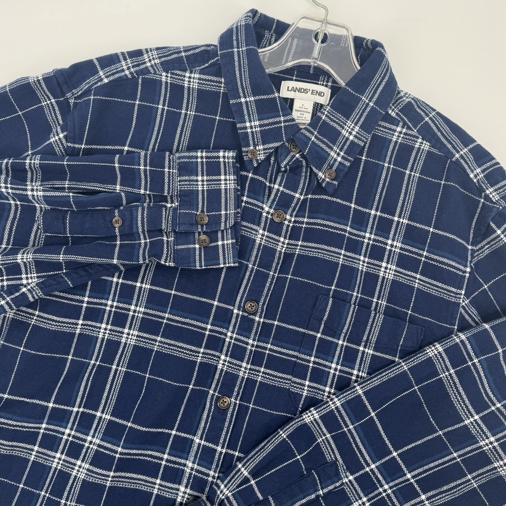 Lands' End Men's Large Blue Plaid Flannel Shirt Traditional Fit 100% Cotton Work